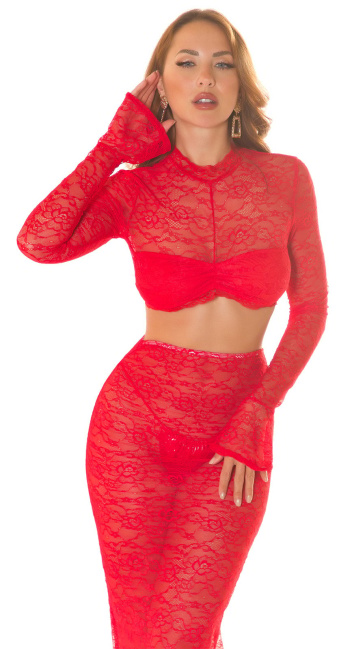 cropped longlseeve top with lace Red